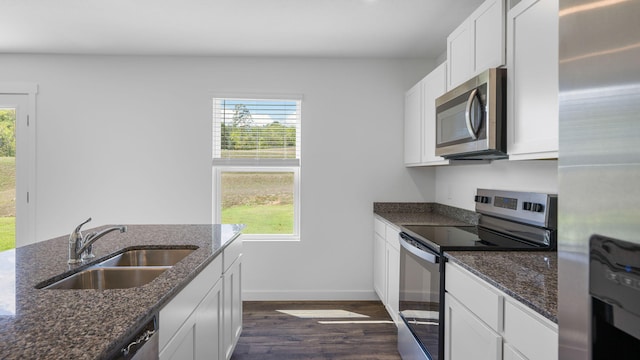 kitchen featuring plenty of natural light, appliances with stainless steel finishes, dark wood-type flooring, and a sink