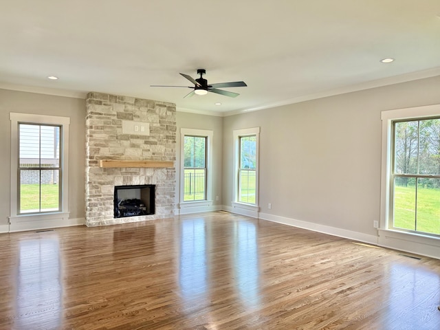 269 Quartz Dr Unit 21, Chickamauga, GA 30707 - unfurnished living room featuring ornamental molding, healthy amount of natural light, a ceiling fan, wood finished floors, and baseboards