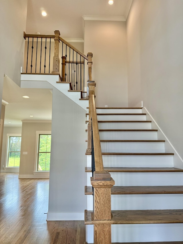 269 Quartz Dr Unit 21, Chickamauga, GA 30707 - staircase with crown molding, wood finished floors, recessed lighting, baseboards, and a high ceiling