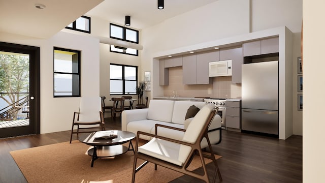 living room featuring a towering ceiling, sink, and dark hardwood / wood-style floors