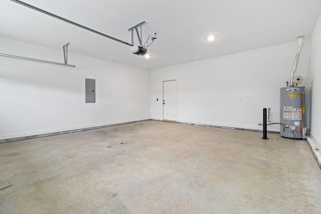 garage with a garage door opener, gas water heater, and electric panel