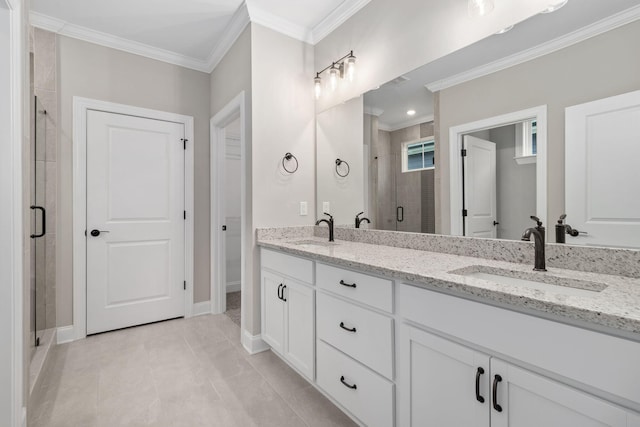 bathroom featuring tile patterned floors, an enclosed shower, vanity, and ornamental molding