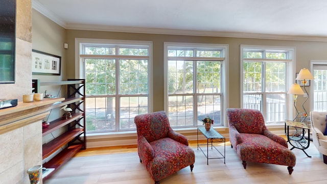 living area with light wood-type flooring and ornamental molding