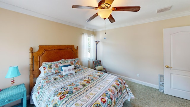 bedroom with carpet, ceiling fan, and crown molding