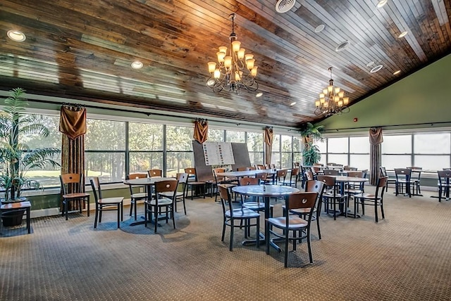 dining space featuring an inviting chandelier, high vaulted ceiling, wooden ceiling, and carpet flooring