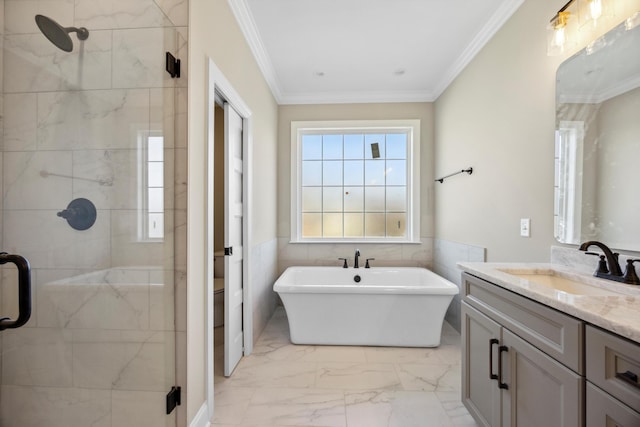 bathroom featuring tile walls, ornamental molding, independent shower and bath, and vanity