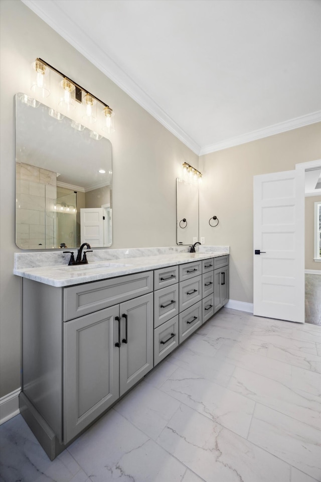 bathroom featuring crown molding, walk in shower, and vanity