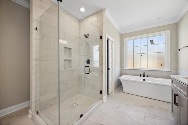 bathroom featuring ornamental molding, vanity, and shower with separate bathtub