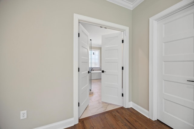 corridor with crown molding and hardwood / wood-style floors