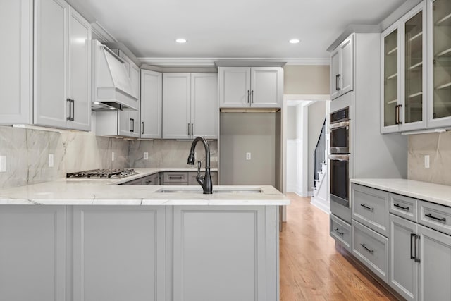 kitchen featuring sink, light wood-type flooring, decorative backsplash, premium range hood, and appliances with stainless steel finishes