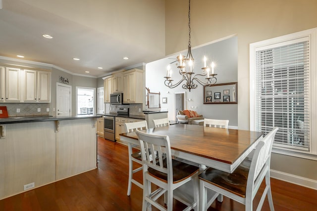 106 Woodpecker Pl, Ringgold, GA 30736 - dining room with a notable chandelier, baseboards, recessed lighting, crown molding, and dark wood finished floors