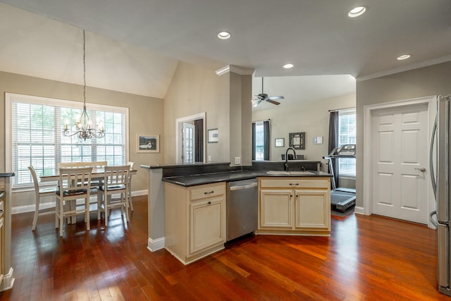 kitchen with hanging light fixtures, sink, appliances with stainless steel finishes, dark hardwood / wood-style floors, and ceiling fan with notable chandelier