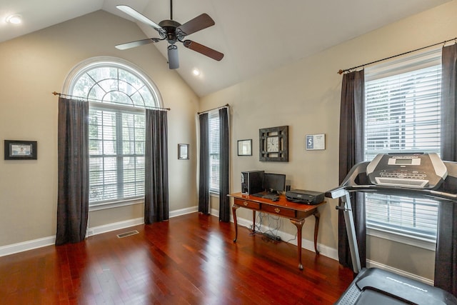106 Woodpecker Pl, Ringgold, GA 30736 - office area featuring visible vents, baseboards, a ceiling fan, vaulted ceiling, and wood finished floors