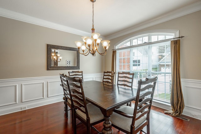 106 Woodpecker Pl, Ringgold, GA 30736 - dining space with crown molding, a decorative wall, dark wood finished floors, a chandelier, and wainscoting