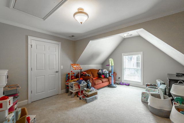 playroom with light carpet, lofted ceiling, and ornamental molding