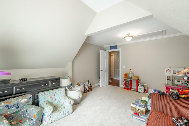 106 Woodpecker Pl, Ringgold, GA 30736 - playroom featuring crown molding, visible vents, carpet flooring, and vaulted ceiling