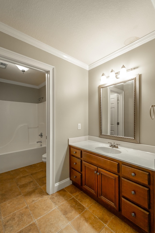 full bathroom featuring ornamental molding, vanity, toilet, and bathtub / shower combination