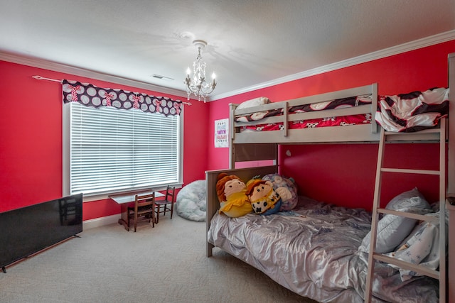 carpeted bedroom with a chandelier and crown molding