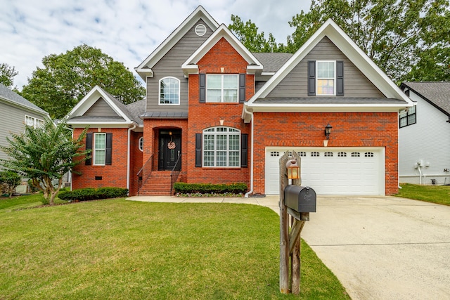 craftsman-style home featuring a front lawn and a garage