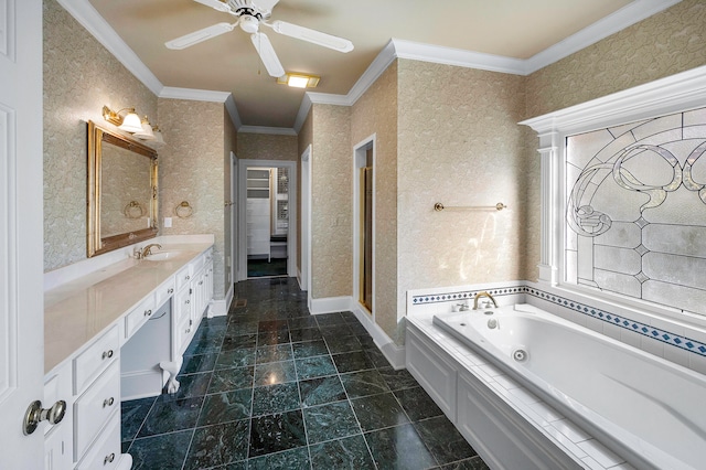 bathroom with ornamental molding, plus walk in shower, ceiling fan, and vanity