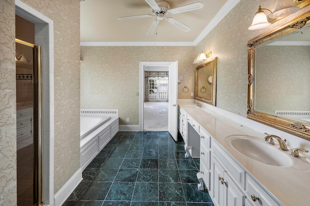 bathroom with plus walk in shower, ceiling fan, vanity, and crown molding