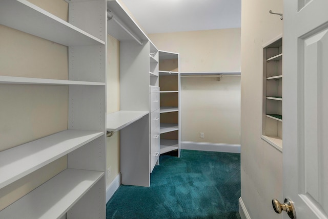 walk in closet featuring dark carpet