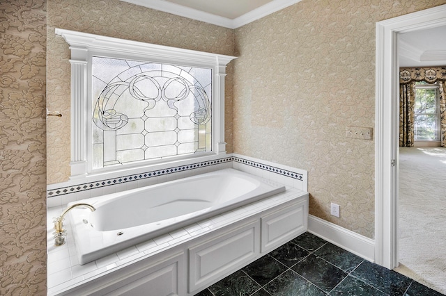 bathroom with crown molding and a washtub