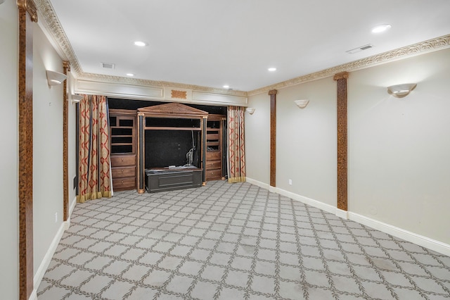 unfurnished living room featuring carpet floors and crown molding