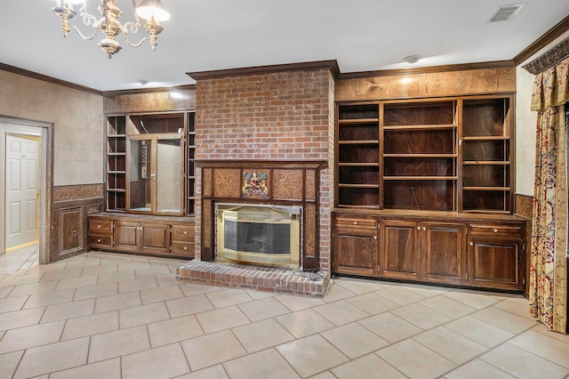 unfurnished living room featuring ornamental molding, a brick fireplace, a chandelier, and light tile patterned floors