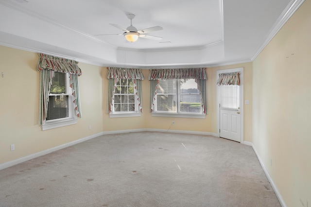 carpeted spare room featuring ornamental molding, a tray ceiling, and ceiling fan