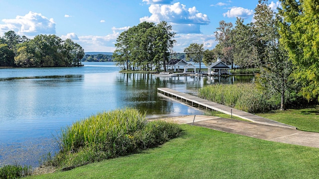 dock area with a yard and a water view