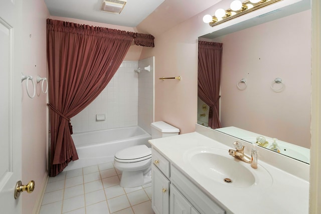 full bathroom with tile patterned flooring, shower / bathtub combination with curtain, toilet, and vanity