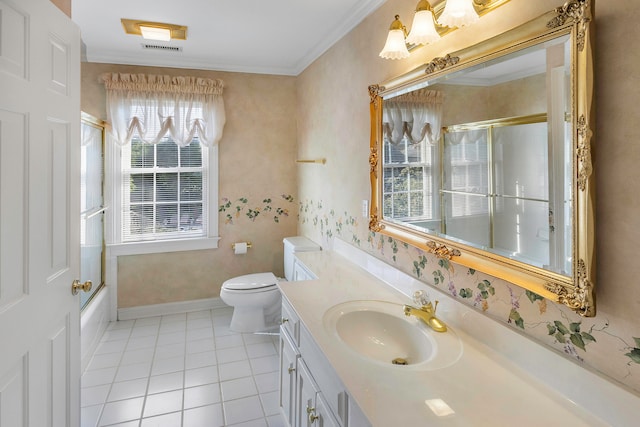 full bathroom featuring shower / bath combination with glass door, vanity, toilet, ornamental molding, and tile patterned flooring