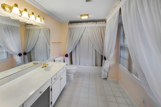 full bathroom with shower / bath combo with shower curtain, vanity, crown molding, toilet, and tile patterned floors