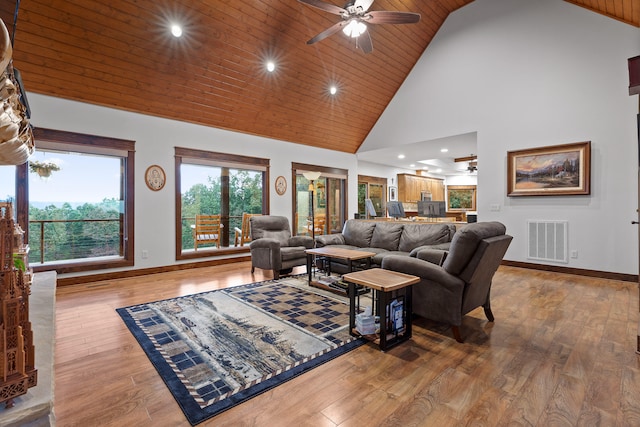 living room with ceiling fan, hardwood / wood-style floors, high vaulted ceiling, and wooden ceiling