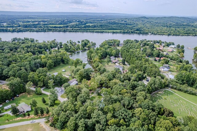 drone / aerial view with a water view and a wooded view