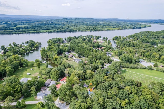 drone / aerial view with a water view and a view of trees