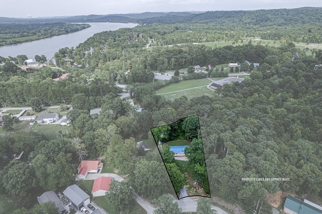 birds eye view of property with a water view and a view of trees