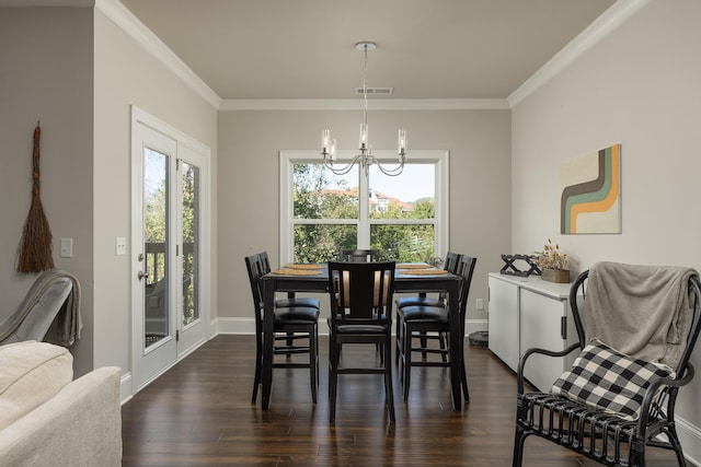 dining space with crown molding, a healthy amount of sunlight, and dark hardwood / wood-style flooring