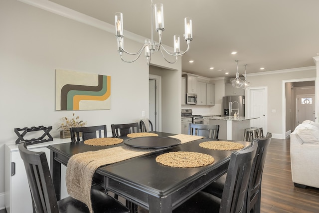 dining area with crown molding and dark hardwood / wood-style flooring