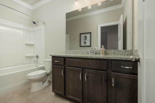 full bathroom with toilet, vanity, ornamental molding, tile patterned flooring, and shower / bathtub combination