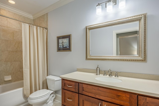 full bathroom featuring toilet, shower / bath combo with shower curtain, ornamental molding, and vanity