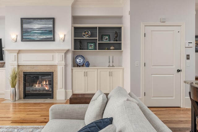 living room featuring light hardwood / wood-style floors, crown molding, and a fireplace