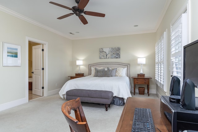 bedroom featuring ceiling fan, crown molding, and light carpet