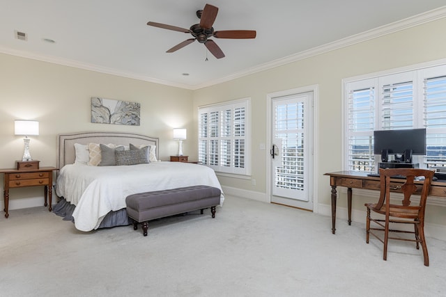 bedroom with access to outside, ceiling fan, crown molding, and carpet flooring