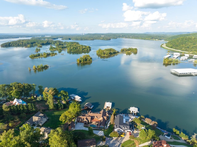 drone / aerial view with a water view