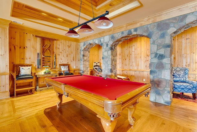 playroom featuring hardwood / wood-style floors, crown molding, pool table, and wood walls