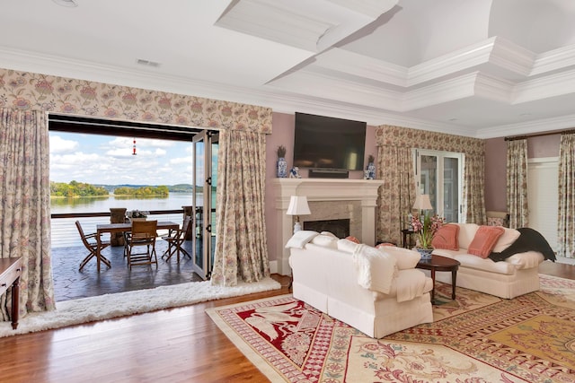 living room with crown molding and wood-type flooring