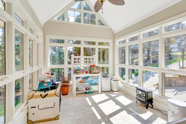 sunroom / solarium with vaulted ceiling and ceiling fan