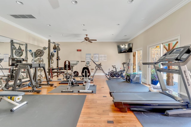 gym with hardwood / wood-style floors, ornamental molding, and ceiling fan